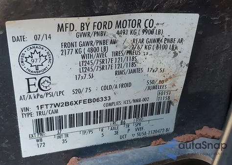 2015 Ford F-250 Xlt from USA, damaged, VIN 1FT7W2B6XFEB06333